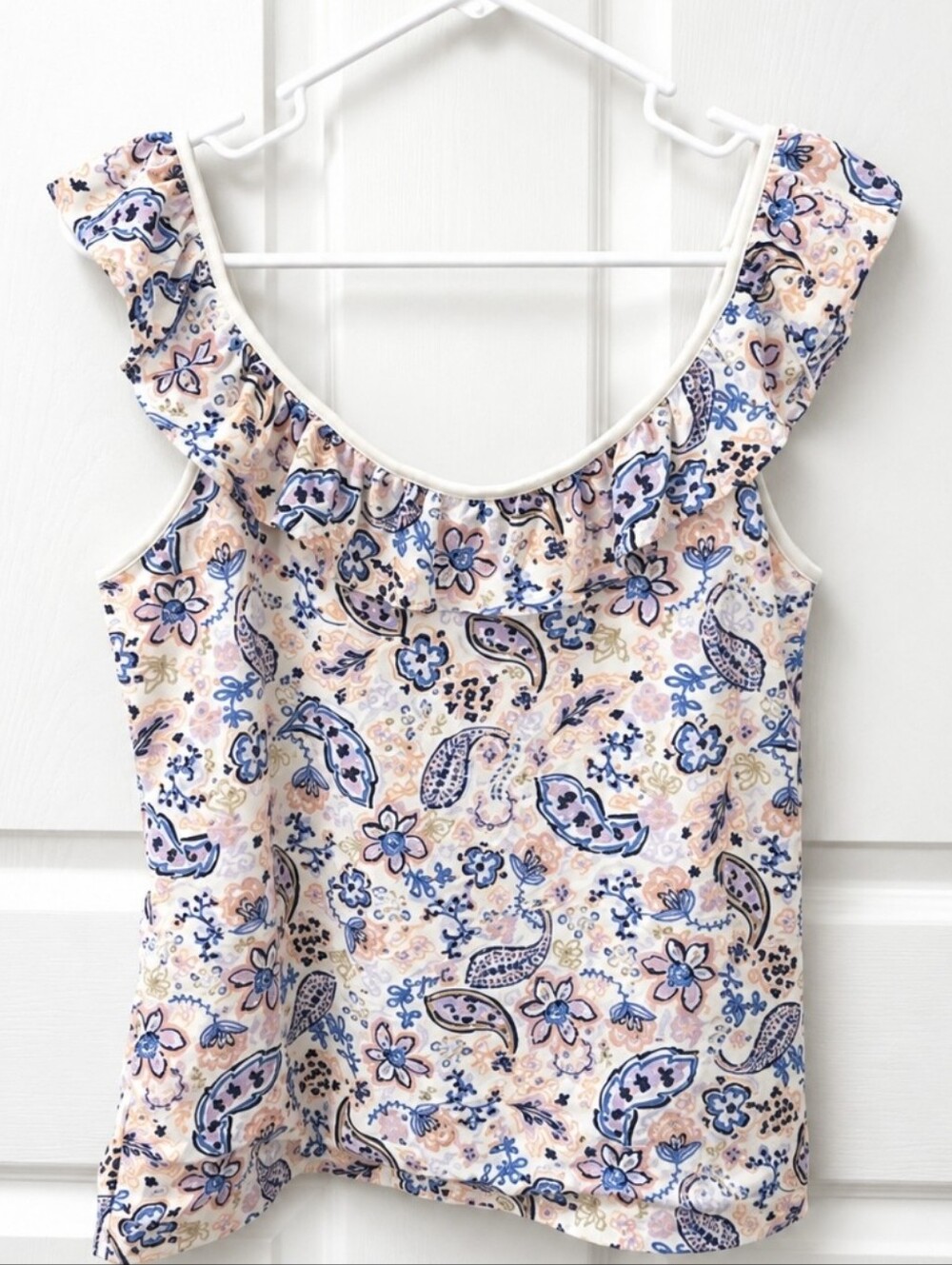 LOFT Textured Floral Paisley Sleeveless Ruffle Scoop Neck Top Blue Pink Size Lg